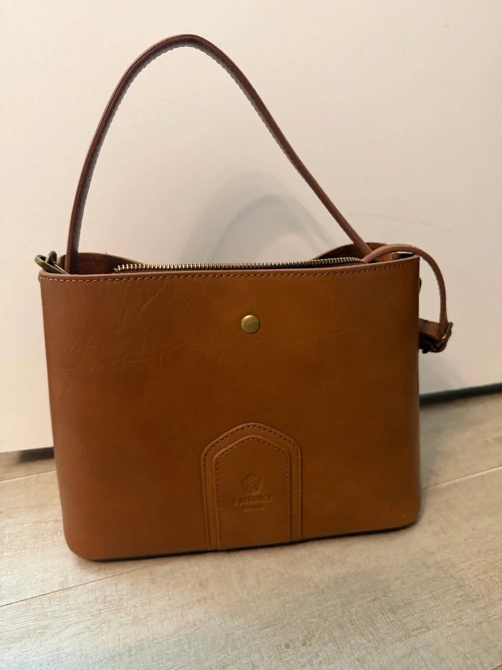 Chestnut Brown Italian Leather Shoulder Bag with Top Handle - Picture 2 of 3